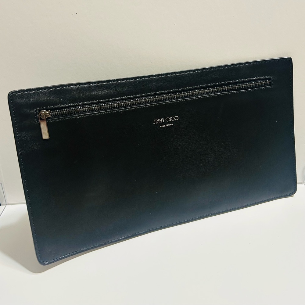 Jimmy Choo Black Leather Zip Pouch Clutch Made in Italy 12.25” - Picture 2 of 9